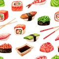 Seamless pattern with sushi, sashimi, ginger, chopsticks and rolls Royalty Free Stock Photo