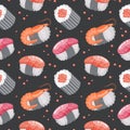 Seamless pattern with sushi and shrimps on a dark background. Colorful food background, restaurant menu