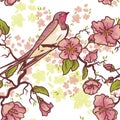 Seamless pattern with swallow sitting on blooming tree branches