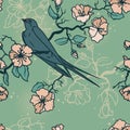 Seamless pattern with swallow sitting on blooming tree branches