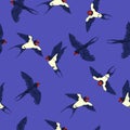 Seamless pattern with swallows on a blue background. Vector graphics