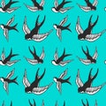 Seamless pattern with swallows in old school tattoo style. For poster, card, banner, flyer. Royalty Free Stock Photo