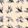 Seamless pattern with swallows in old school tattoo style. For poster, card, banner, flyer. Royalty Free Stock Photo