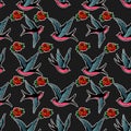 Seamless pattern with swallows and roses in old school tattoo style. For poster, card, banner, flyer. Royalty Free Stock Photo