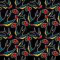 Seamless pattern with swallows and roses in old school tattoo style. For poster, card, banner, flyer. Royalty Free Stock Photo