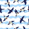 Seamless pattern with swallows on a wavy background. Vector graphics Royalty Free Stock Photo