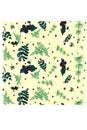 Seamless pattern with swamp theme cones leaves and fem