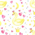 Seamless pattern of swans and hearts. Watercolor illustration. Royalty Free Stock Photo