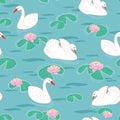 Seamless pattern swans on water with water lily and leaves
