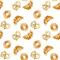 Seamless pattern with sweet bakery products bagel, loaf