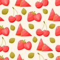 Seamless pattern of sweet berries on a beige background. Strawberries, cherries and watermelon in a flat style