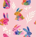 Seamless pattern with sweet bunnies with floral elements in flat style Royalty Free Stock Photo