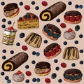 Seamless pattern with sweet cakes and berries on a sandy background