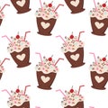 Seamless pattern of sweet dessert with cocktail straw, decoration, cream and cherry in trendy shades