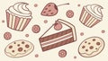 Seamless pattern of sweet desserts with cupcakes, cake slices, and berries, vector design Generative AI Royalty Free Stock Photo