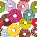 Seamless pattern Sweet donuts set with icing and sprinkls isolated, pastel colors on white background. Vector Royalty Free Stock Photo