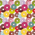 Seamless pattern Sweet donuts set with icing and sprinkls isolated, pastel colors on white background. Vector Royalty Free Stock Photo