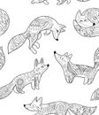 Seamless pattern with sweet floral foxes with in folk style. Coloring print