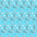 Seamless pattern of sweet ice cream in a waffle cone surrounded by flowers and circles on a light blue background.