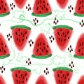 Seamless pattern of sweet juicy pieces watermelon watercolor wit