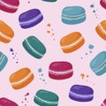 Seamless pattern with sweet macaroons. Fashionable confectionery texture with different colors of classic French cookies