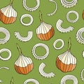 Seamless pattern with sweet onion. Hand drawn onion bulb, cut slices and rings on green background. Vector illustration. Fresh