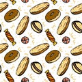 A seamless pattern of sweet pastries, hand-drawn cartoon style doodles. Sweets made of donuts, candy, eclairs and