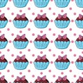 Seamless pattern with sweet pastries. Vector illustration. Cute muffins, cupcakes. Polka dot background