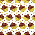 Seamless pattern with sweet pastries. Vector illustration. Cute muffins, cupcakes. Polka dot background