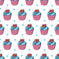 Seamless pattern with sweet pastries. Vector illustration. Cute muffins with hearts, cupcakes. Polka dot