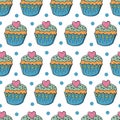 Seamless pattern with sweet pastries. Vector illustration. Cute muffins with hearts, cupcakes. Polka dot