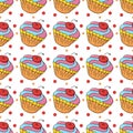 Seamless pattern with sweet pastries. Vector illustration. Lovely spring muffins, cupcakes