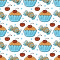 Seamless pattern with sweet pastries. Vector illustration. Lovely spring muffins, cupcakes. Polka dot