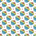 Seamless pattern with sweet pastries. Vector illustration. Lovely spring muffins, cupcakes. Polka dot background