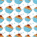 Seamless pattern with sweet pastries. Vector illustration. Lovely spring muffins, cupcakes. Polka dot