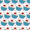 Seamless pattern with sweet pastries. Vector illustration. Lovely spring muffins, cupcakes. Polka dot