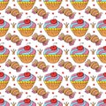 Seamless pattern with sweet pastries. Vector illustration. Lovely spring muffins. Polka dot background