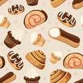 Seamless pattern. Sweet roll cake. Chocolate swiss roll. Collection of cakes. Flat vector illustration on beige background Royalty Free Stock Photo