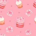 Seamless pattern of sweetness with a rose. Watercolor illustration. Isolated on a pink background