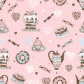 Seamless pattern with sweets, cakes and pastries. Vector