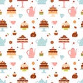 Seamless pattern with sweets, cakes, tea and coffee. Royalty Free Stock Photo