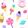 Seamless pattern sweets. Cartoon style candies and ice cream background dessert, lollipop and donut, pink colour girly