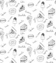 Seamless pattern, sweets and cookies icons, cupcake, macaron, ice cream, cheesecake, cake, donut, vector, illustration, freehand Royalty Free Stock Photo