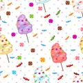 Seamless pattern of sweets, cotton candy, lollipops.