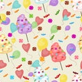 Seamless pattern of sweets, cotton candy, lollipops, balloons.