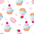 Seamless pattern sweets cupcakes with cream and cherries and raspberries, tender macaroons and marshmallows in cartoon style.