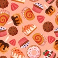 Seamless Pattern With Sweets And Desserts. Peach Colored Background With Cupcakes, Chocolate Cookies, Rolls, Muffins