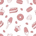 Seamless pattern of sweets and desserts. Vector background with elements of ice cream cupcake donuts candy Royalty Free Stock Photo