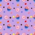 Seamless pattern with sweets including lollipops, jelly beans and cupcakes on light violet background.