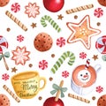 Tasty sweet Christmas seamless pattern ginger cookie on white background
